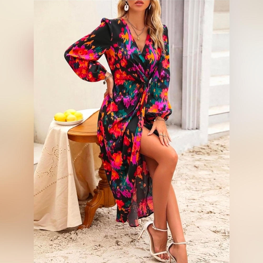 Multicolor Long Sleeve V Neck Dress